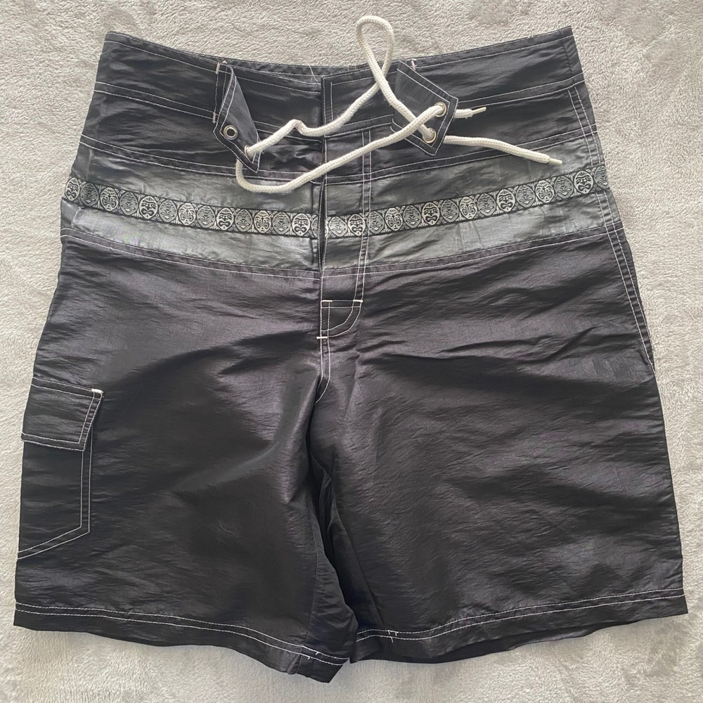 Utility Mens Tiki Mask Board Shorts Black Contrast Stitch Swim Trunks Size 30